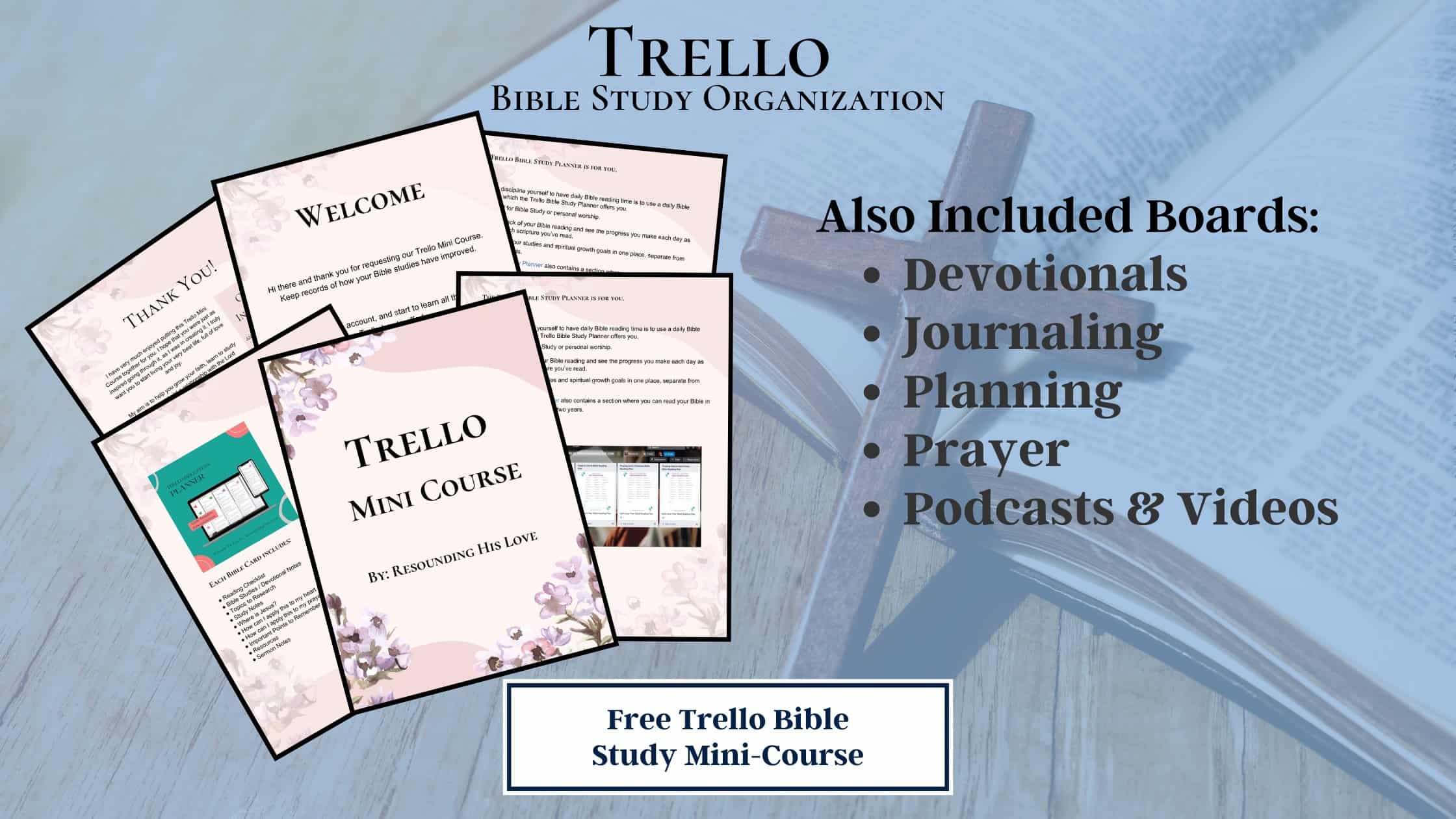 a group of papers on a table Trello Bible Study Organization Course